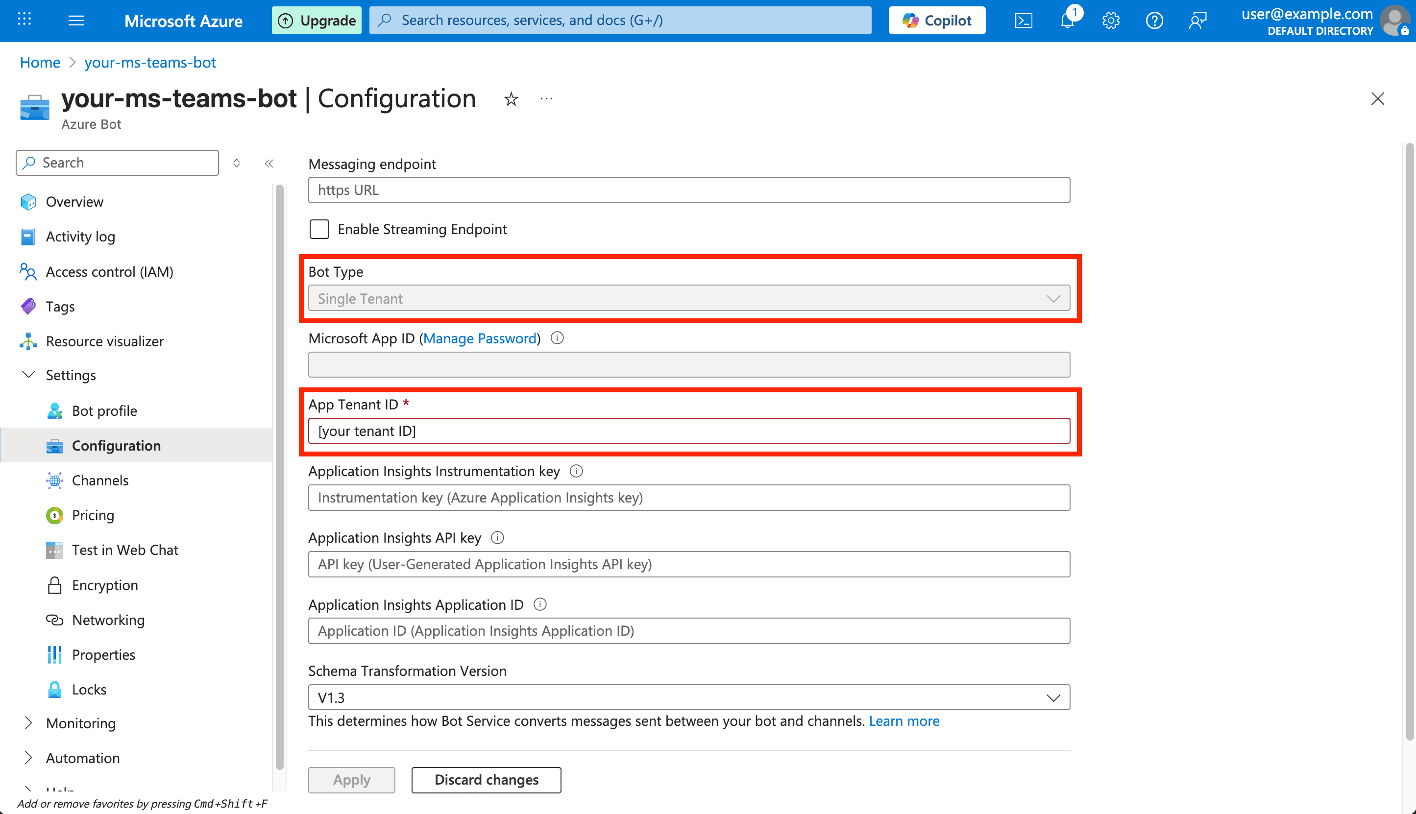 Configuration page for an Azure Bot resource